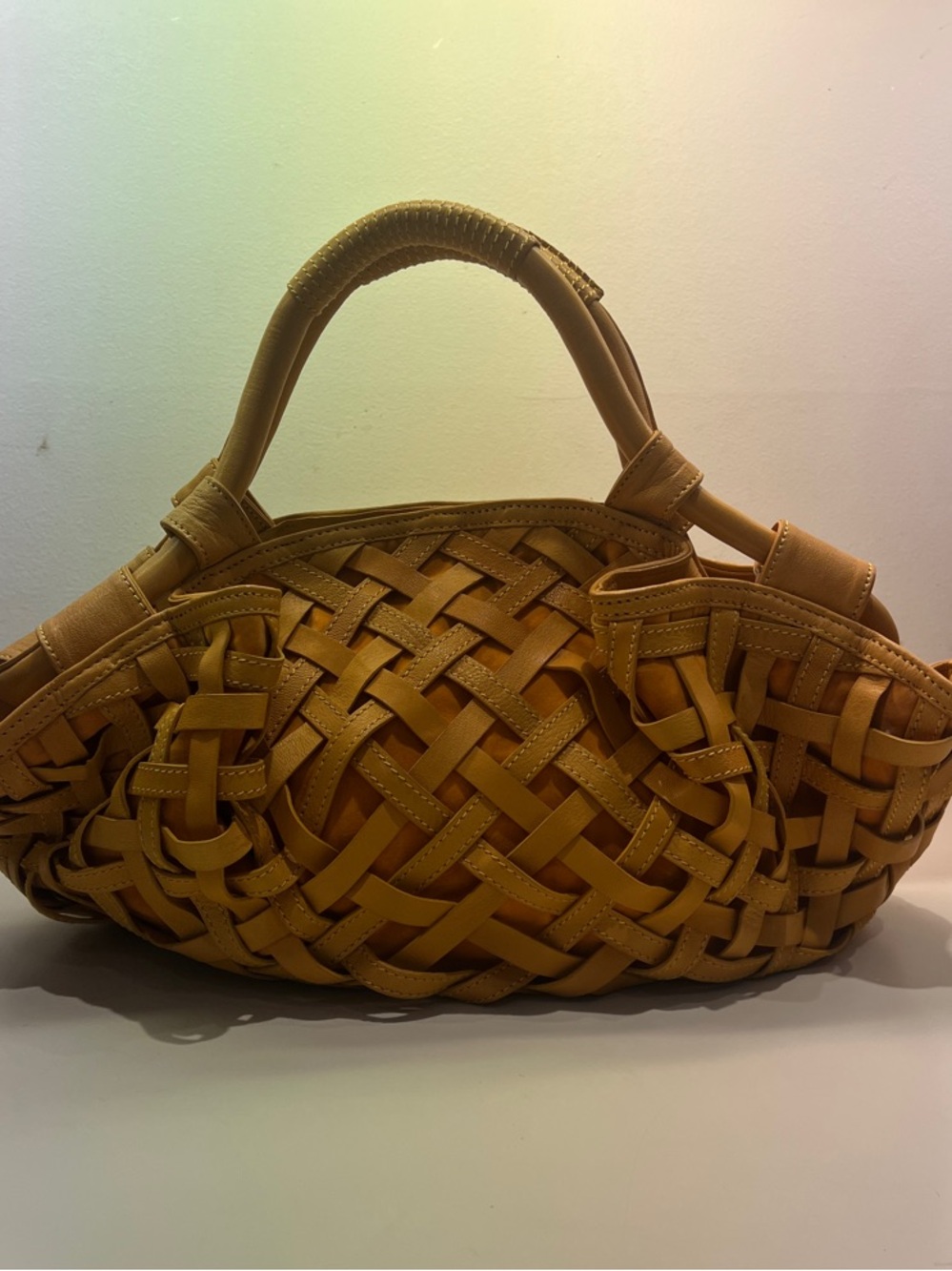 Woven Genuine Leather Tote Bag in Tan - Picture 3 of 9